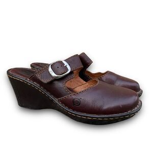 Born Bridget Mahogany Brown Leather Buckle Mule Wedge Shoes Women’s Size 8